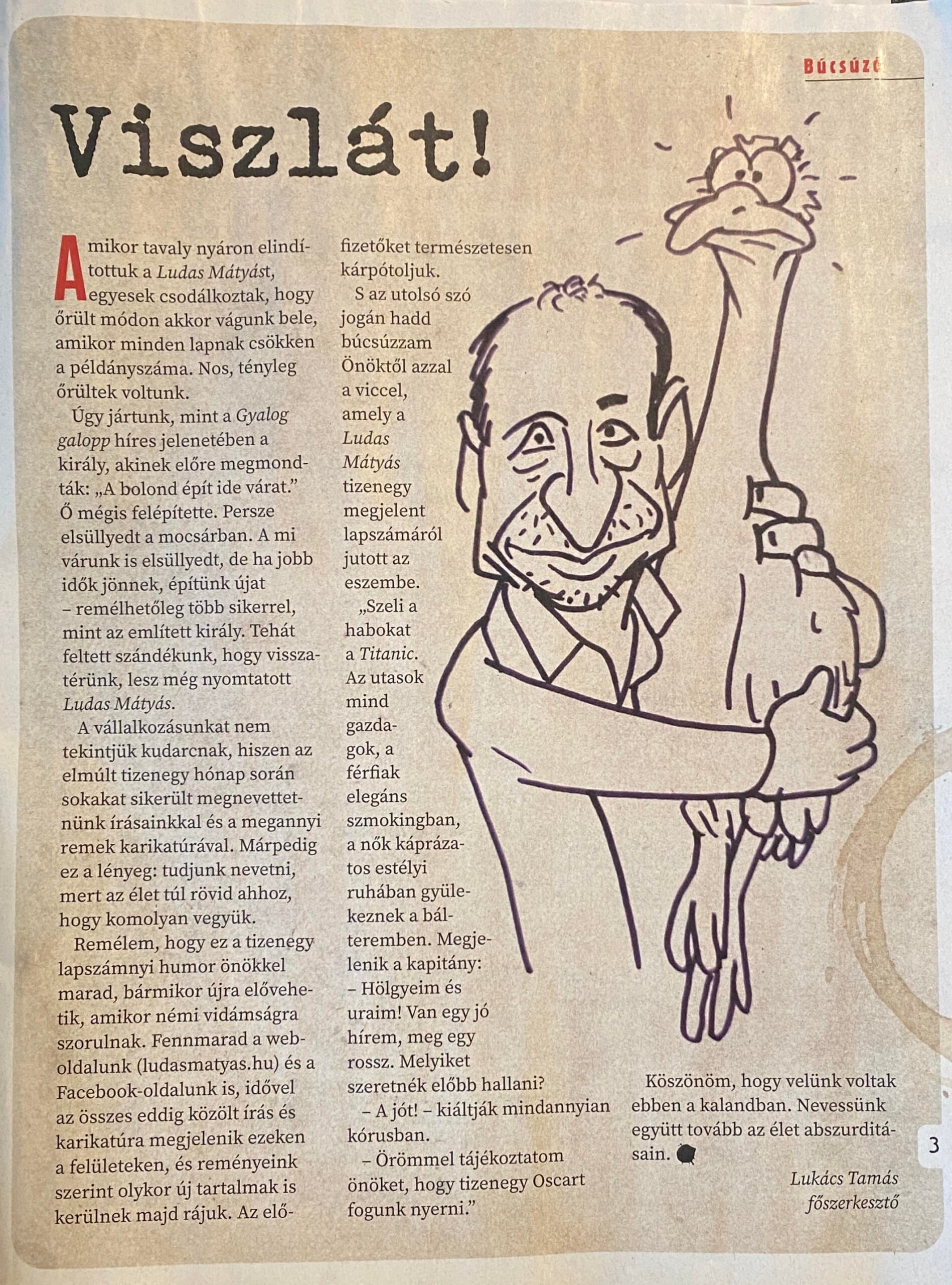 Lukács Tamás főszerkesztő búcsúzása a Ludas Mátyás olvasóitól