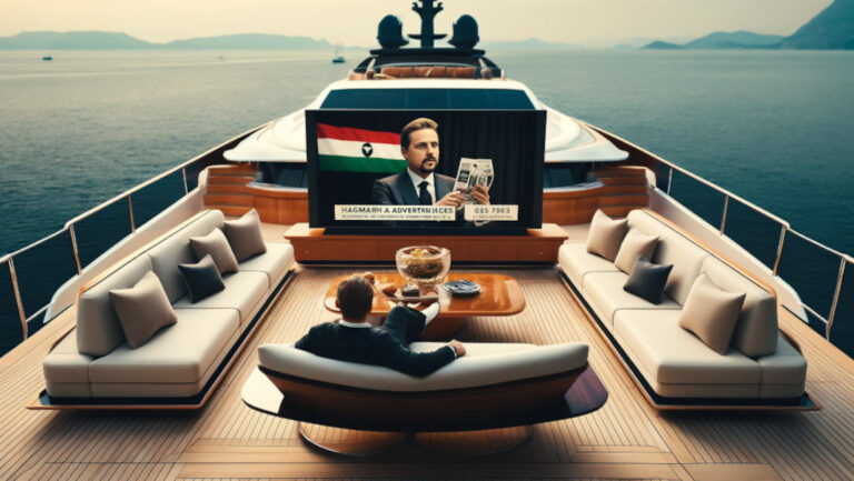 Tévéreklámot néz egy üzletember egy hajón