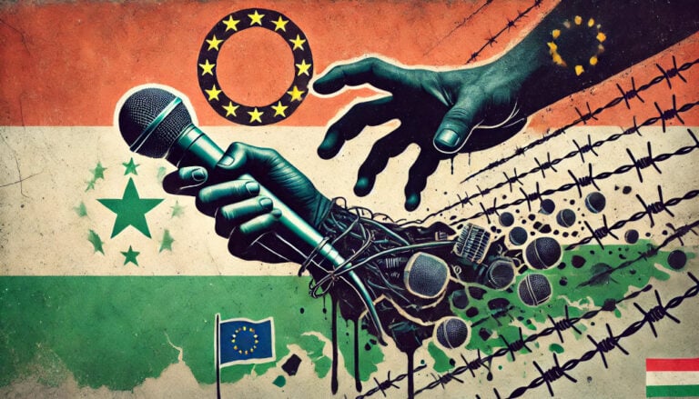 sajtószabadság korlátozása Magyarországon / A dramatic depiction of the concept of freedom of speech under threat in Hungary_The image features symbolic representations_media1