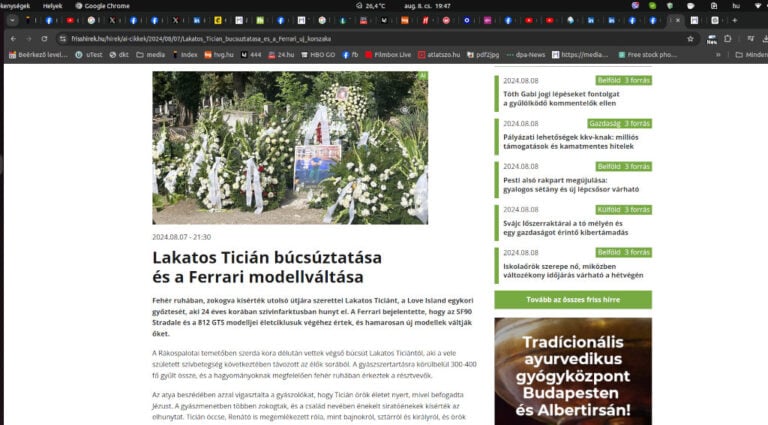 A frisshirek.hu AI alapú cikkének egy részlete Lakatos Ticián temetéséről és a Ferrari modellváltásáról