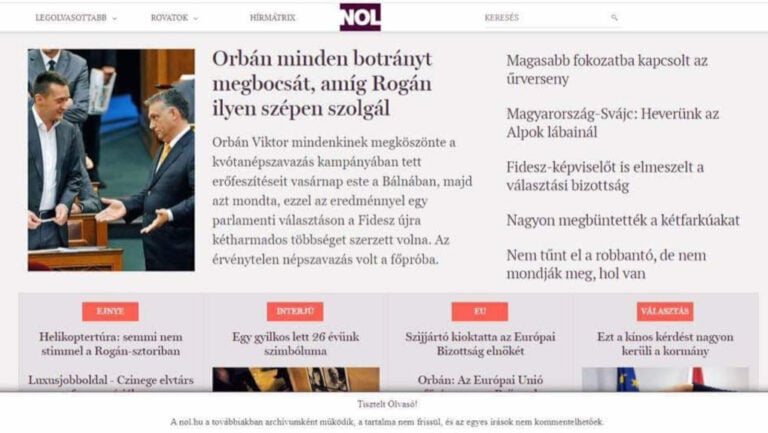 A Népszabadság Online (NOL) címlapja, amikor még működött az archívumot tartalmazó oldal