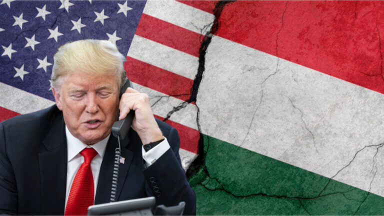 Donald Trump, az Egyesült Államok elnöke, háttérben amerikai és magyar zászlókkal