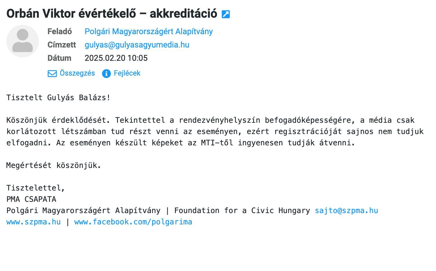 Elutasítás a Gulyágyú Médiának a Polgári Magyarországért Alapítványtól