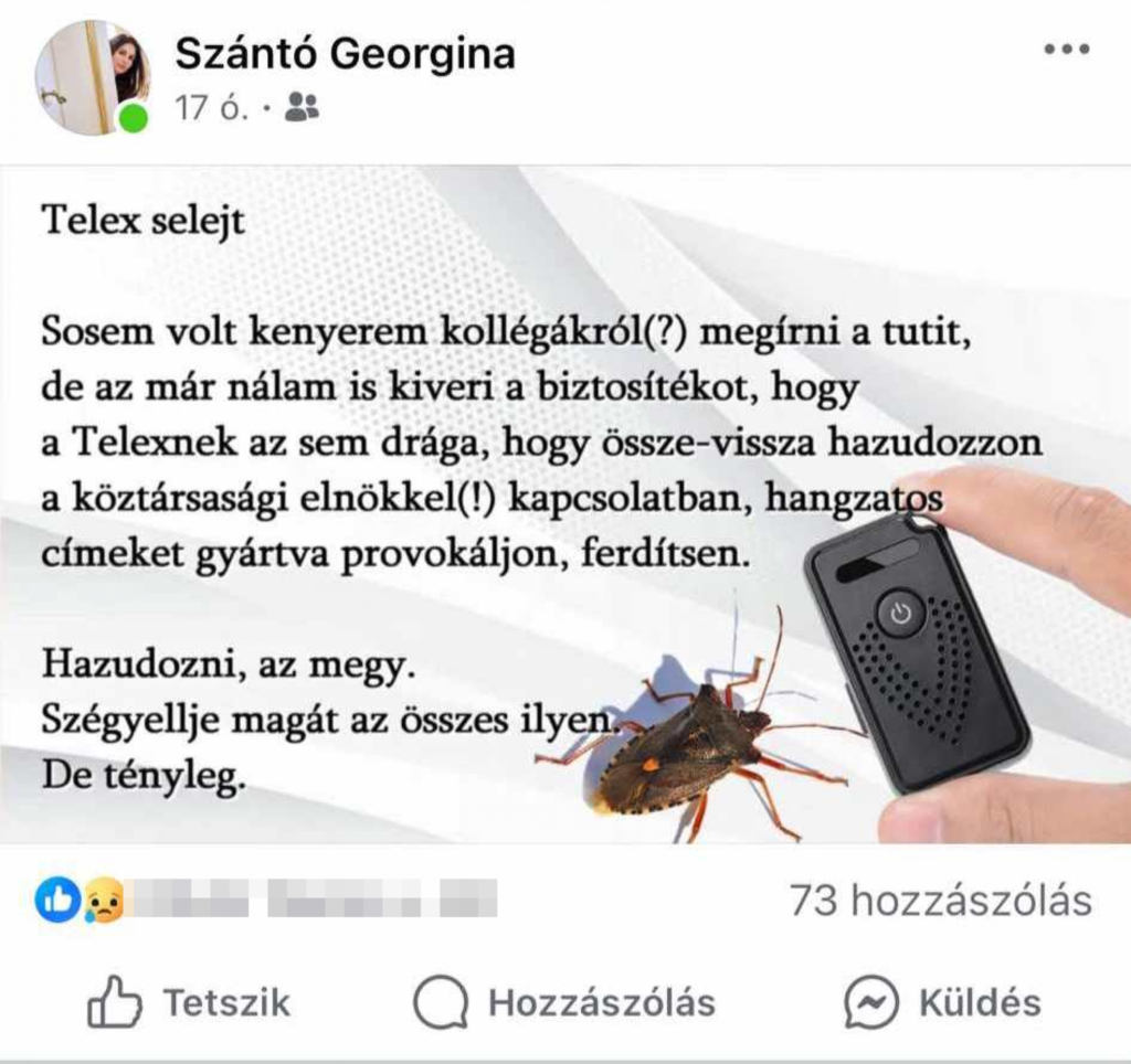 Szántó Georgina, Sulyok Tamás sajtósa a Facebookon poloskázós poszttal támadta a Telexet