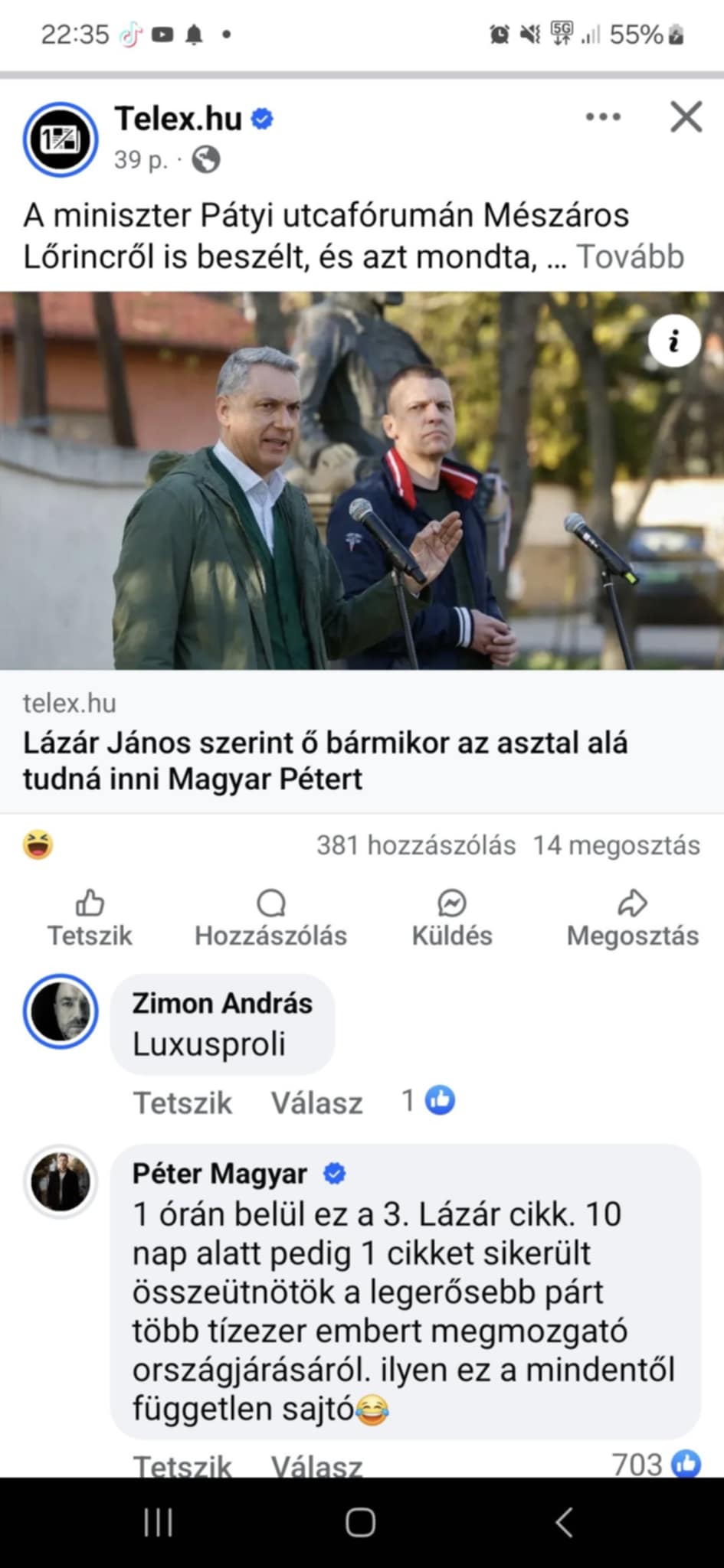 Magyar Péter hozzászólása a Telex felületén 2025.04.04-én. Képernyőfotó, Media1 / Olvasónktól