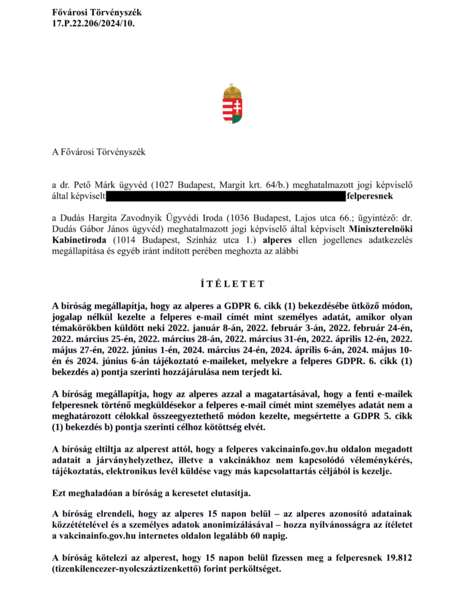 A TASZ ügyvédje által képviselt felperes és a Miniszterelnöki Kabinetiroda közötti bírósági per ítéletének rendelkező része