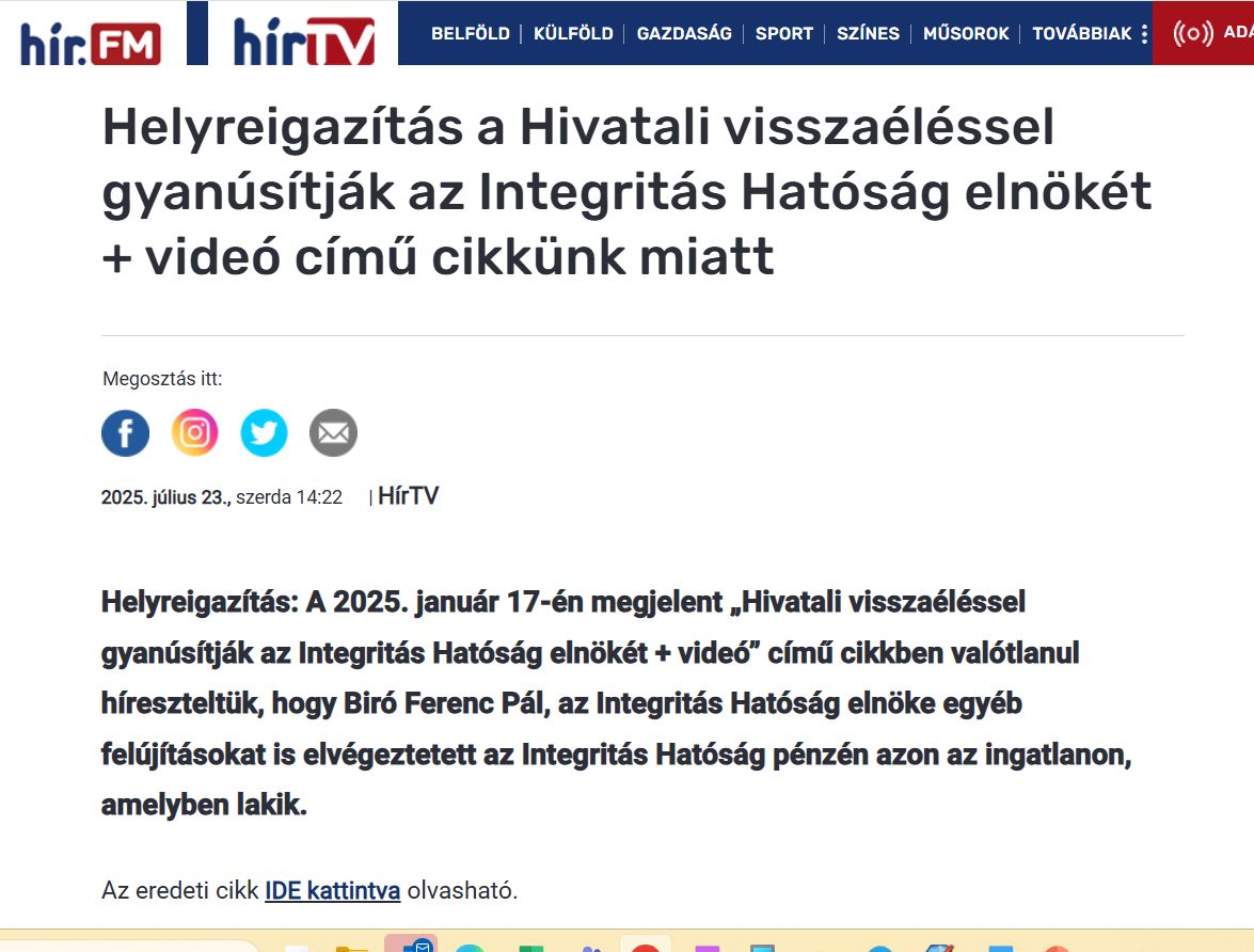 A HírTV által közzétett újabb helyreigazítás Biró Ferenc Pálról, az Integritás Hatóság elnökéről