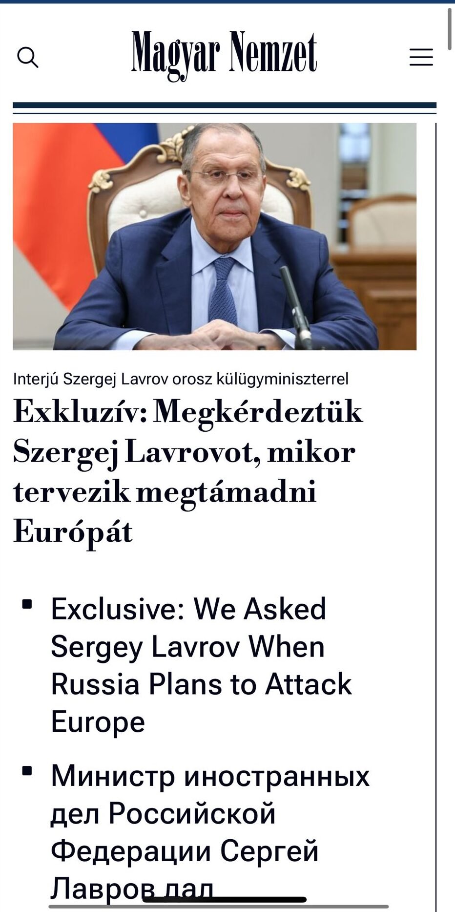 A Magyar Nemzet exkluzív interjúja az orosz külügyminiszterrel, Szergej Lavrovval
