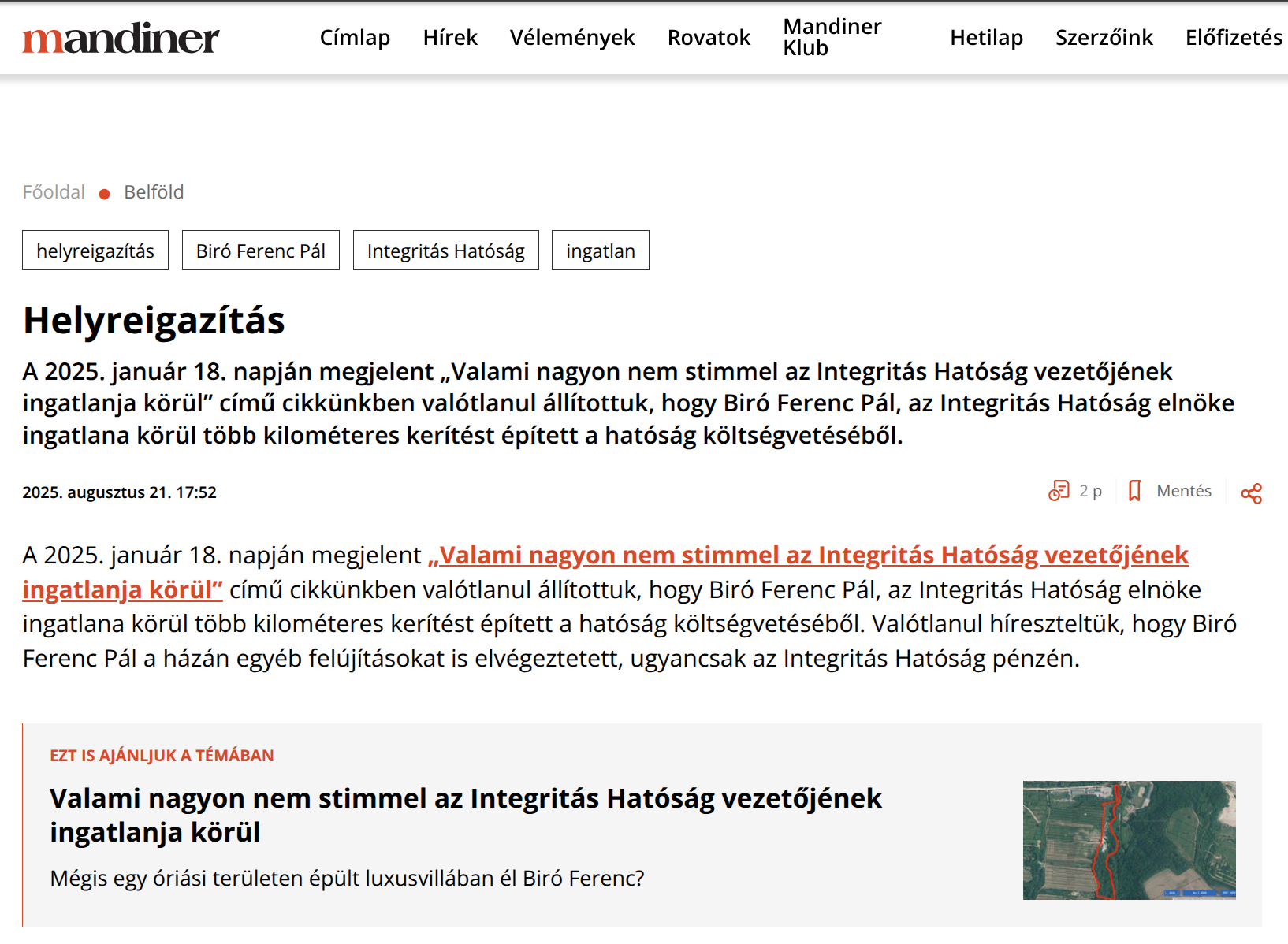 Helyreigazítás a Mandiner című kormányközeli lapban Biró Ferenc Pálról, az Integritás Hatóság elnökéről