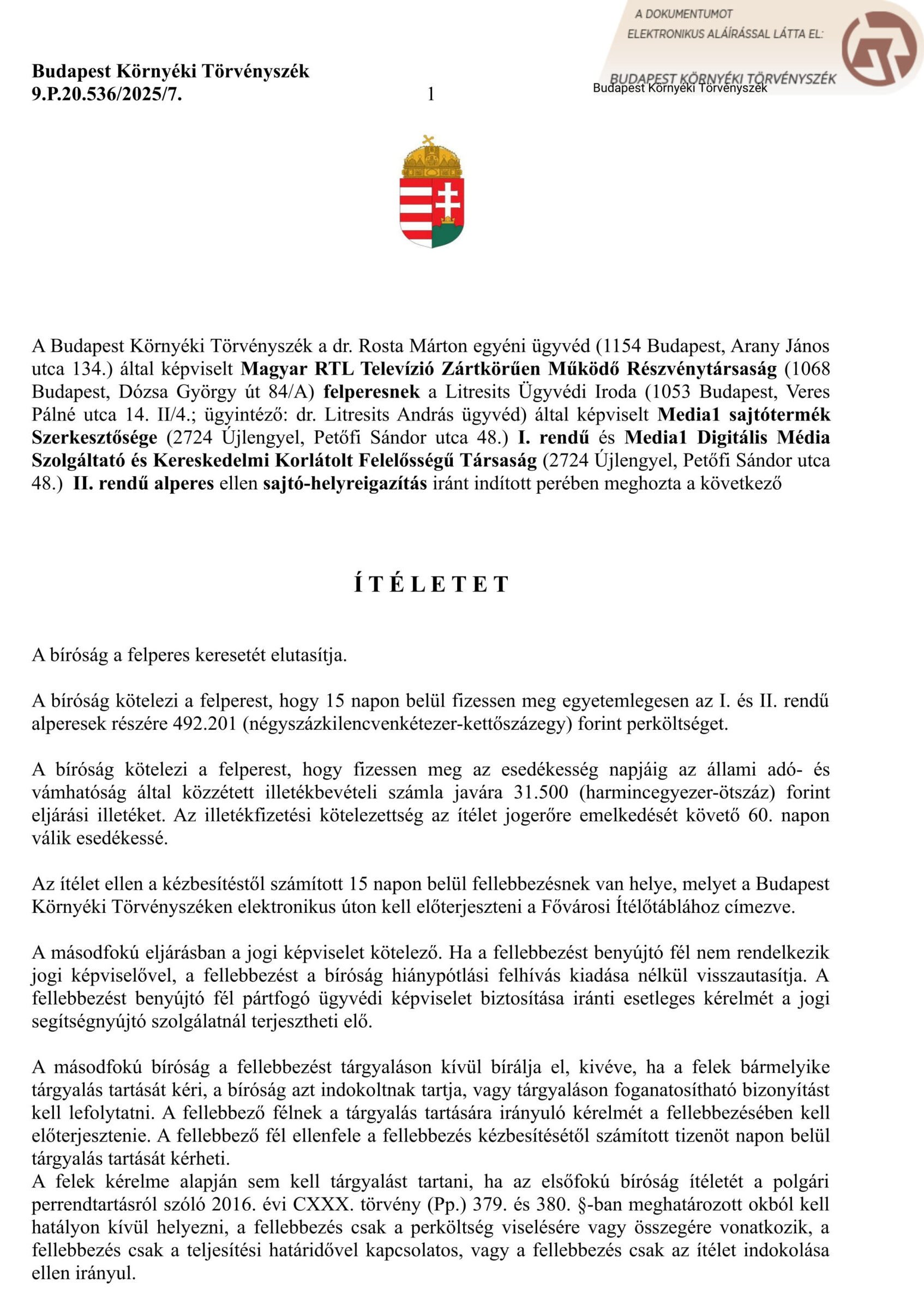 Az RTL kontra Media1 per elsőfokú ítéletének 1. oldala