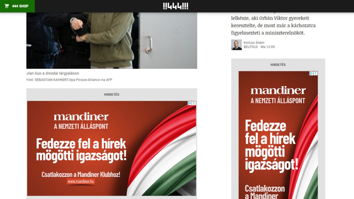 Mandiner Klub hirdetések a 444-en. A lap eltávolíttatná őket