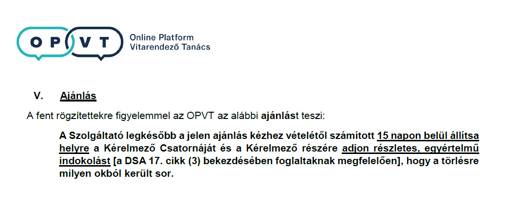 Az OPVT ajánlása a PestiSrácok és a YouTube közötti jogvita kapcsán