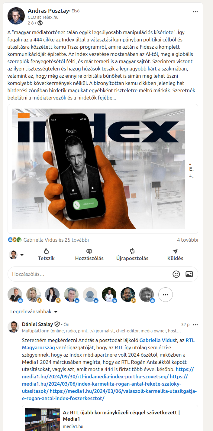 Pusztay András bejegyzése az Index rogáni befolyásolásáról a LinkedInen; a bejegyzést Vidus Gabriella, az RTL Magyarország vezérigazgatója is lájkolta