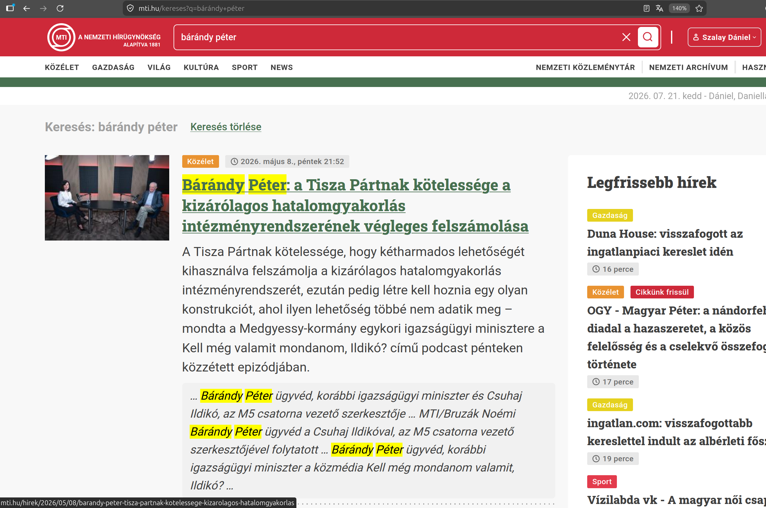 Bárándy Péterről legutóbb 2026 májusában írt az MTI