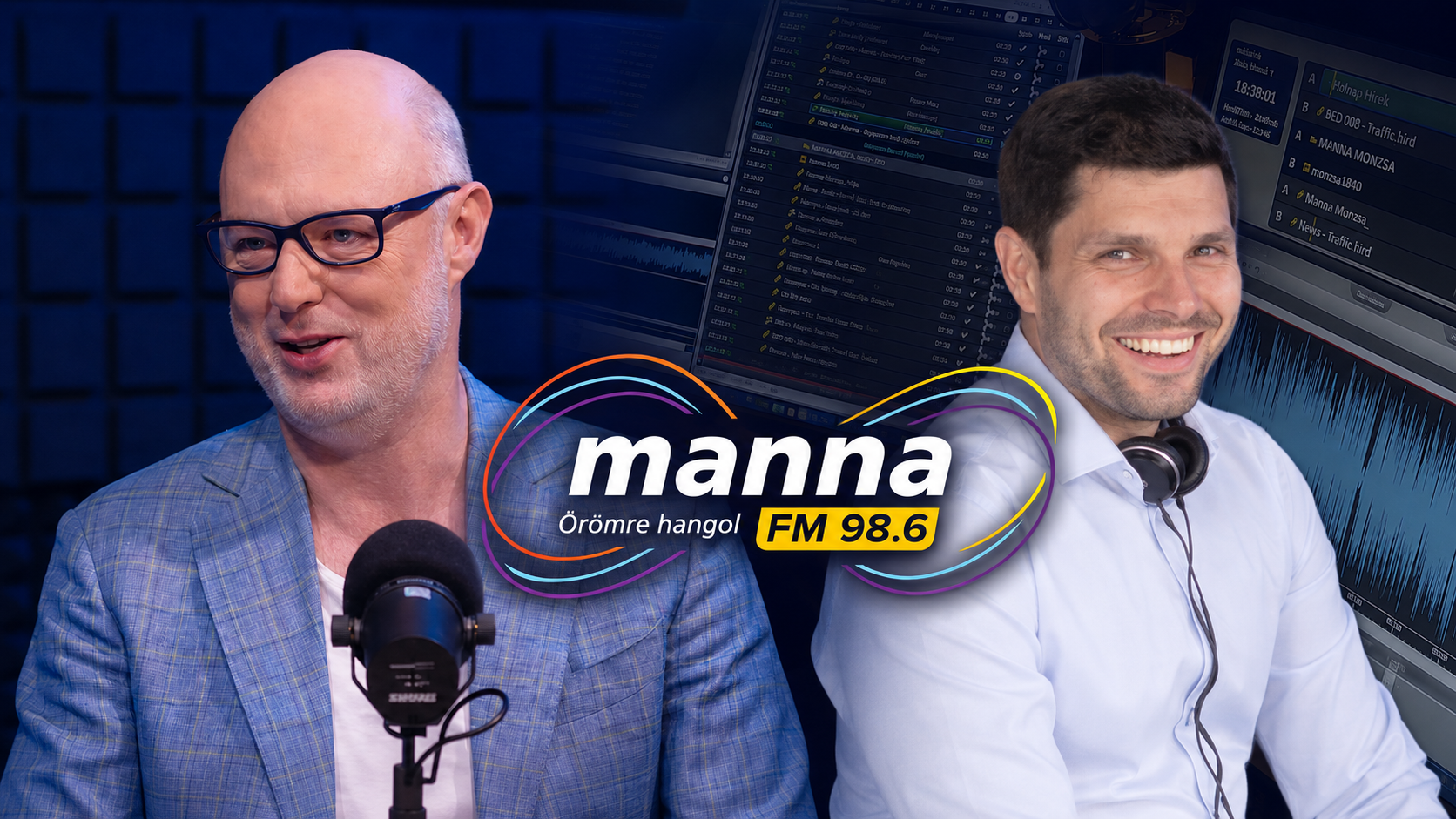 Kuna Tibor és Soós Edvin a Manna FM logójával és egy rádióstúdióval készült montázson