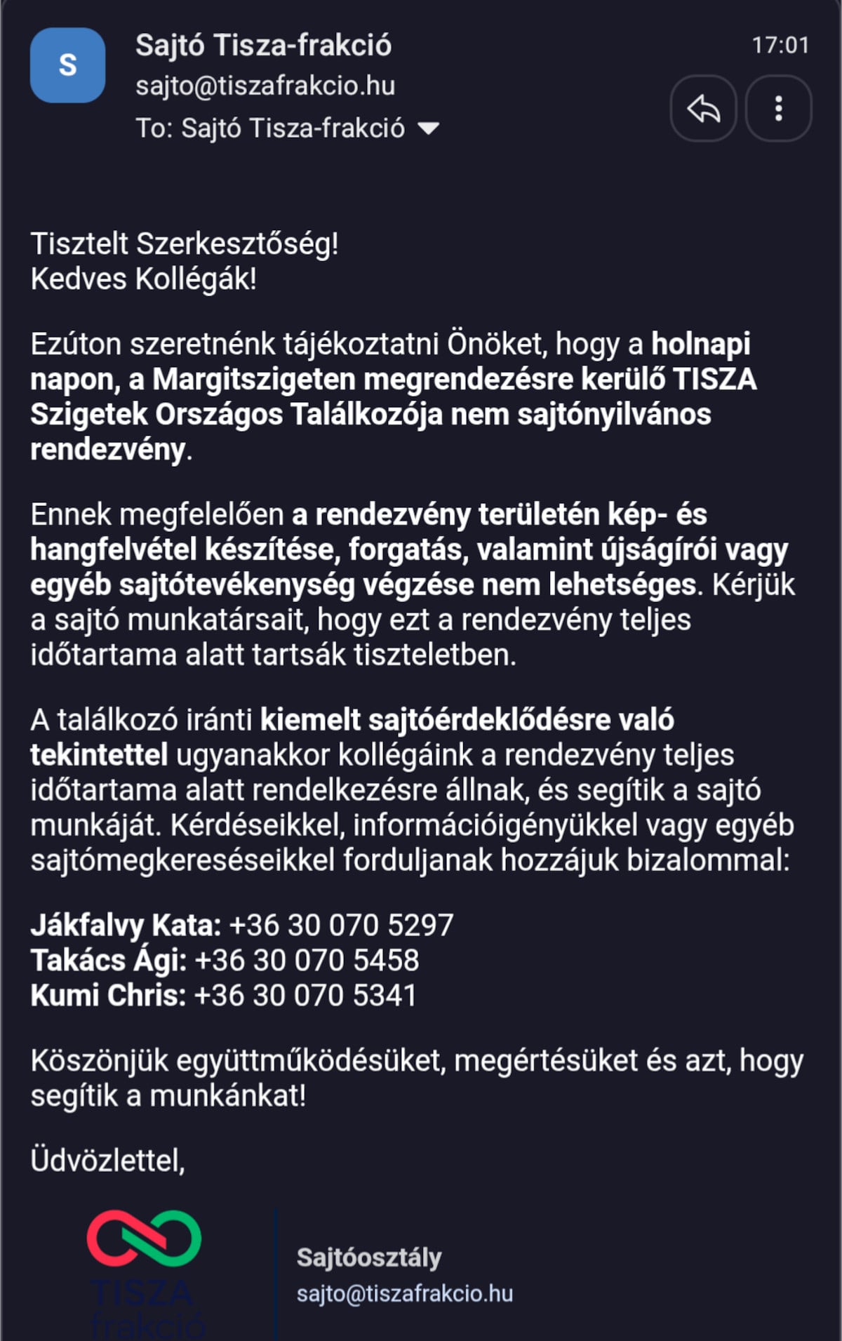 A sajtó nem vehet részt a TISZA Párt rendezvényén a Margitszigeten