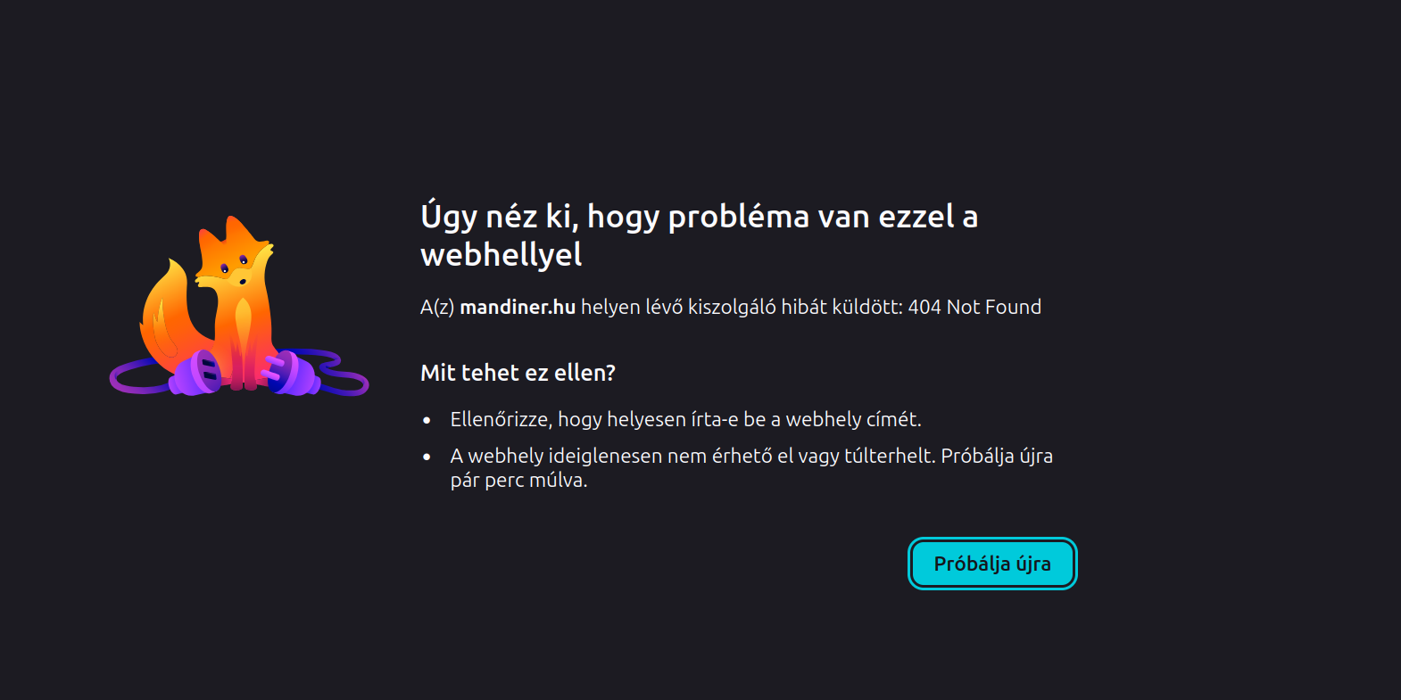 A Mandiner.hu oldala: 404-es hibaüzenettel indul